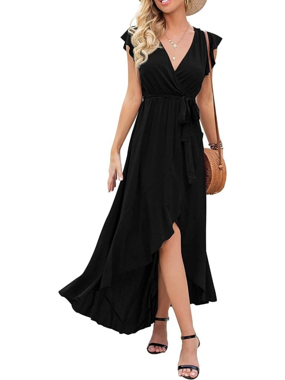 Women's Black Wrap Boho Beach Vacation Wrap V Neck Summer Long Maxi Dress